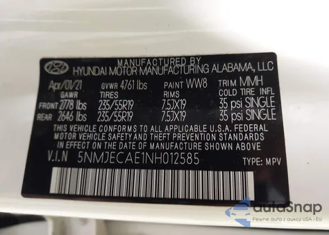 2022 Hyundai Tucson Limited z USA, uszkodzony, nr VIN 5NMJECAE1NH012585